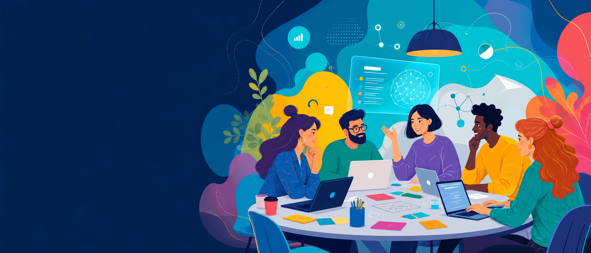 A colorful editorial illustration of a team building ideas together